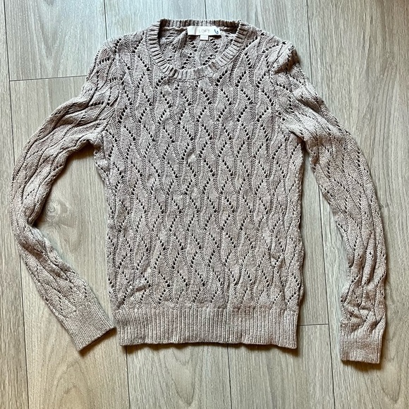 LOFT tan wool blend crochet pullover Long Sleeve sweater SZ  M - Picture 1 of 8